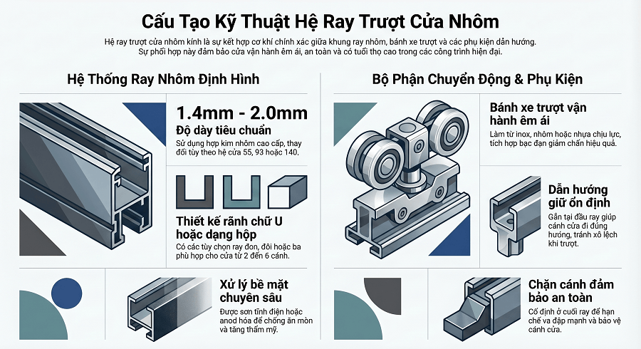 Cấu tạo kỹ thuật của ray trượt cửa nhôm kính